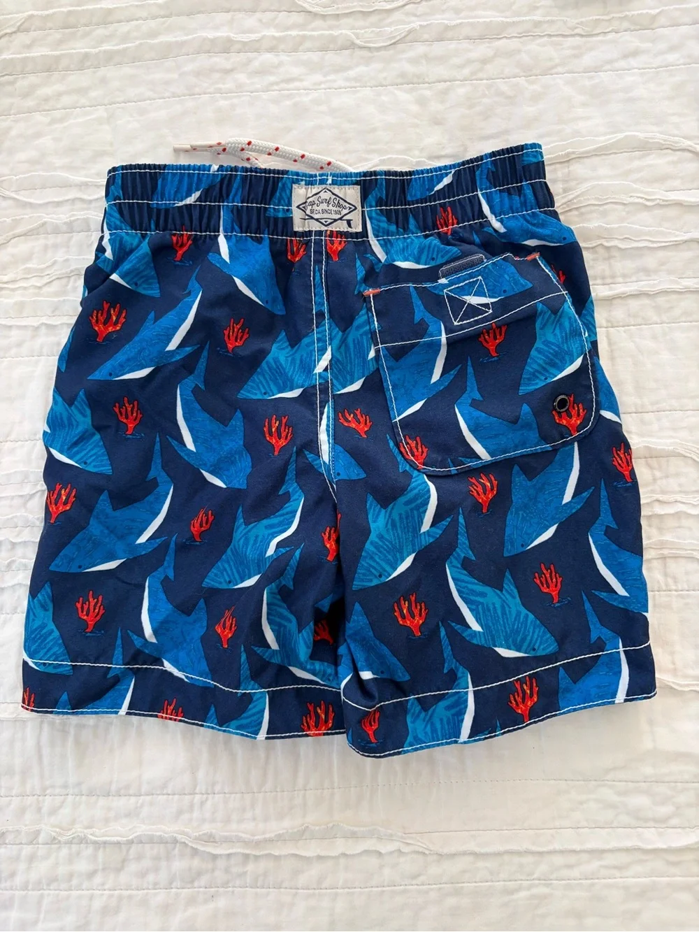 GAP Navy Blue Shark Print Swim Trunks with Red Coral Accents